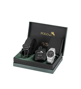 Polo Air Takvimli Erkek Kol Saati Örgü Esnek Kemer Mıknatıslı Cüzdan Seti Gümüş Siyah Renk PL-7065E5