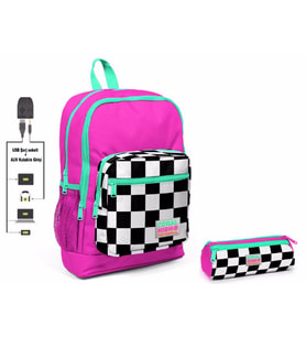Coral High Pembe Damalı İlkokul Sırt Çantası ve Kalemlik Seti - Kız Çocuk - USB Soketli