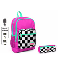 Coral High Pembe Damalı İlkokul Sırt Çantası ve Kalemlik Seti - Kız Çocuk - USB Soketli