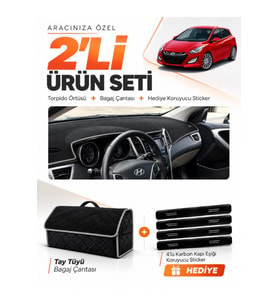 HYUNDAİ İ30 (2012-2016) Uyumlu Torpido Örtüsü + Tay Tüyü Bagaj Çantası + Sticker Seti - Siyah Gri