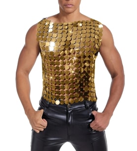 Pilelistore Erkek GoldPul Detaylı Transparan Parti Bluz,Festival Stil Erkek Pul İşlemeli Sahne Üst,K