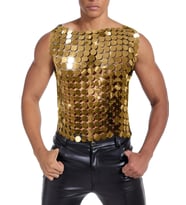 Pilelistore Erkek GoldPul Detaylı Transparan Parti Bluz,Festival Stil Erkek Pul İşlemeli Sahne Üst,K