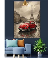 Romantik Kırmızı Otomobil Paris Sokakları Dekoratif Kanvas - Mdf Ahşap Tablo