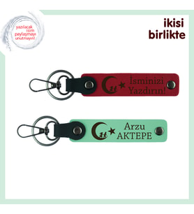 Üzerine İsim Yazılan Çocuk Ve Ayyıldız Tasarımlı Kişisel Deri Anahtarlık Seti x2, Kırmızı-Yeşil