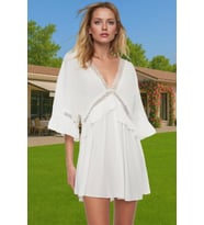 Kadın Mini Plaj Elbisesi V Yaka Büzgülü Kol Crinkle Dokuma Yazlık Zarifane Tasarım Modern Stil (Beyaz)