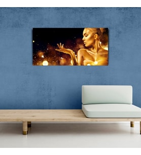 Altın Sarısı tonlarda Kadın ve Su Damlacıkları Kanvas Tablo 60 x 120
