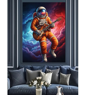 Gitar Çalan Astronot Çizimi Dekoratif Kanvas - Mdf Ahşap Tablo