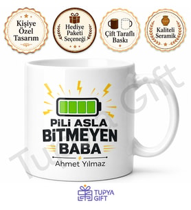 Pil Dolu Baba Yazılı Enerji Temalı Kupa Bardak Babalar Günü Hediye