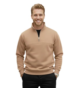 DeepSEA Erkek Camel Relax Fit İçi Polarlı %100 Pamuk Yarım Fermuarlı Dik Yaka Sweatshirt 2600760