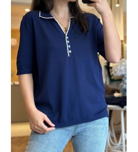 Polo Yaka Düğmeli Lacivert Triko Bluz