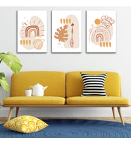 3'lü Bohem Kanvas Tablo Seti 4 - Modern Boho Duvar Dekoru - Geometrik ve Minimalist Çizgili 3 Parça Tablo