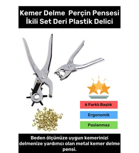 Premium 6 Farklı Başlık Uçlu Pratik Delgeç Kemer Delme Perçin Pensesi İkili Set Deri Plastik Delici
