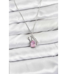 Gümüş Renk Pembe Kuğu Taşlı Kadın Kolye 45 cm Çelik Zincir