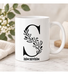 Kişiye Özel Baş Harf ve İsim Yazılı Estetik Floral Desenli Seramik Kupa Bardak