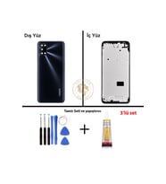 Oppo A92 Siyah Uyumlu Lensli Orta Kasa + Yapıştırıcı ve Vida Seti Full Kasa Kapak Gövde Housing