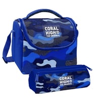 Coral High Erkek Çocuk Mavi Lacivert Kamuflaj Thermo Beslenme Çantası ve Üç Bölmeli Kalem Çantası Seti