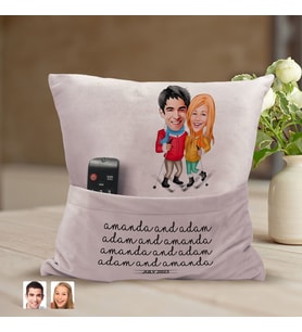 BK Gift Kişiye Özel Sevgililer Karikatür Tasarımlı Organizer Kumanda ve Atıştırmalık Cepli Pembe Kırlent Yastık-107 Arkadaşa Hediye, Cepli Yastık