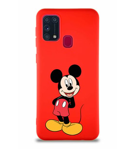 Samsung Galaxy M31 Soft Premier Kapak Mickey Mouse-B Tasarımlı Silikon Kılıf - Kırmızı (Şeffaf)