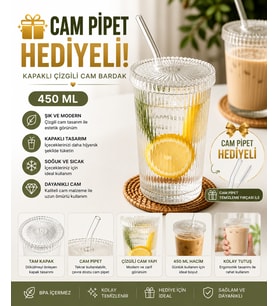 ÇARŞI HANEM 1 Adet Cam Pipetli Kapaklı Meşrubat Bardağı Soğuk İçecek Sunum Dekoratif Bardak 400 ML Şeffaf