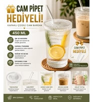 ÇARŞI HANEM 1 Adet Cam Pipetli Kapaklı Meşrubat Bardağı Soğuk İçecek Sunum Dekoratif Bardak 400 ML Şeffaf