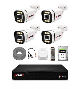 FURY 4 Kameralı 5MP Lens 1080P 6 Warm LED Renkli Gece Görüşlü Güvenlik Kamera Sistemi 500GB 1606