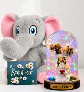 Kişiye Özel 3 Fotoğraflı Renkli LED Işıklı Fanus ve Peluş Fil Hediye Seti (beyaz melekli)
