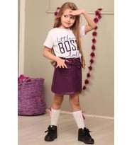 Kız Çocuk Little Yazı Baskılı T-Shirt Cep Detaylı Kemerli Bordo Deri Etekli Takı
