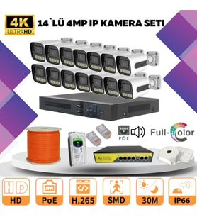 14'lü Güvenlik IP Kamera Seti - 4MP Dış Mekan Kamera, 3.6mm Lens, H.265, PoE, Warm Led Gece Görüşlü (Beyaz)
