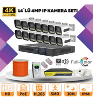 14'lü Güvenlik IP Kamera Seti - 4MP Dış Mekan Kamera, 3.6mm Lens, H.265, PoE, Warm Led Gece Görüşlü (Beyaz)