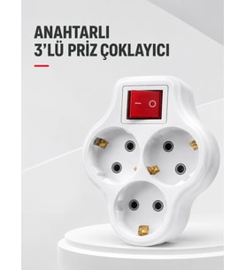 Duvar Tipi 3’lü Priz Çoklayıcı Kablosuz Anahtarlı Kompakt Priz Adaptörü