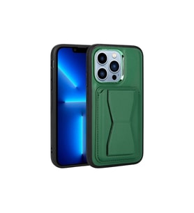 Apple iPhone 13 Pro Uyumlu Kılıf Kartlıklı Standlı Pu Deri Zore Memo Kapak (Koyu Yeşil)