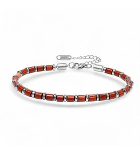 Moncuk Design Kırmızı Jasper & Silver Hematit Taşlı Ayarlanabilir Çelik Zincir Erkek Bileklik 33512B