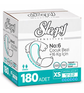 Sleepy Çocuk Bezi Bel Bantlı XS - Extra Küçük - Ekstra Küçük 180 Adet (16+ KG Bel Ölçüsü 40-70 CM)