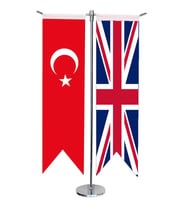 Masa Üstü Kırlangıç İngiltere + Türk Bayrağı + Krom T Direk Masa Bayrak Seti