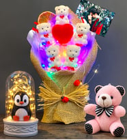 Kişiye Özel Renkli Led Işıklı Ayıcık Buketi Seti (Işıklı Penguenli Fanus) (Model 2)