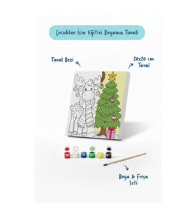 Yılbaşı Geyiği ve Çam Ağacı Temalı Çocuk Boyama Tuvali – Şövalesiz Eğitici Boyama Seti 20x20 cm