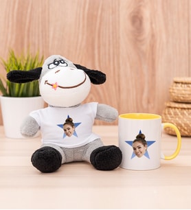 Kişiye Özel Mavi Yıldız Kafa Fotoğraflı Peluş Eşek ve Sarı Kupa