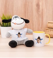 Kişiye Özel Mavi Yıldız Kafa Fotoğraflı Peluş Eşek ve Sarı Kupa