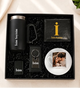 Kişiye Özel Premium Kutu Termos Kulplu Bardak Aksesuar Cüzdan Metal Cakmak Metal Anahtarlık Fotoğraflı Türk Kahve Fincanı Erkek Hediye Set