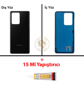 Samsung Galaxy S20 Ultra Siyah Renk Arka Kapak + B7000 Yapıştırıcı Arka Cam Batarya Kapağı Pil Kapağı Lazer Kesim Back Cover Galaxy S20 Ultra Uyumlu