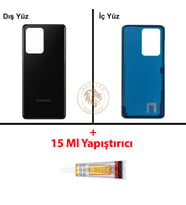 Samsung Galaxy S20 Ultra Siyah Renk Arka Kapak + B7000 Yapıştırıcı Arka Cam Batarya Kapağı Pil Kapağı Lazer Kesim Back Cover Galaxy S20 Ultra Uyumlu
