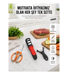 Mey İthalat® Profesyonel Mutfak Makas Seti – Kesim Makası + Soyacak + Bileyici Yeni Nesil