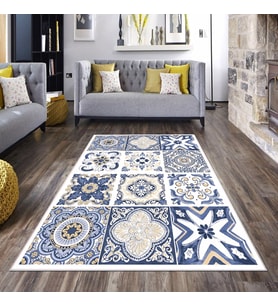 Mavi Patchwork Desen Geometrik Yıkanabilir Kaymaz Taban Leke Tutmaz Modern Salon Halısı ve Yolluk (Beyaz)
