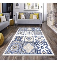 Mavi Patchwork Desen Geometrik Yıkanabilir Kaymaz Taban Leke Tutmaz Modern Salon Halısı ve Yolluk (Beyaz)