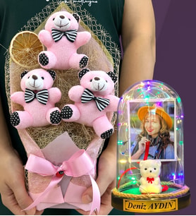 Kişiye Özel Renkli Led Işıklı Fanus ve Büyük Boy Pembe Ayıcık Buketi Hediye Seti (Model 1)