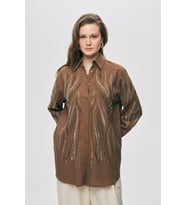 Kadın Dikey Dalgalı Boncuk Nakışlı Oversize Gömlek (Kahverengi)