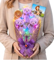 Kişiye Özel Fotoğraflı Renkli Led Işıklı Mor Peluş Ayıcık Buketi