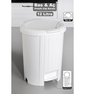 12 Litre Bas Aç Kapaklı Pedallı Çöp Kovası, Mutfak ve Banyo İçin Beyaz