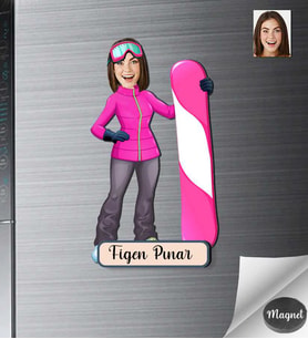 Kişiye Özel Kayakcı Kadın Ahşap Magnet -1