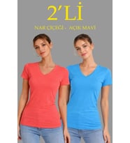 pilelistore- 2li V Yaka Tişört – Kısa Kollu Yazlık Slim Fit Body - Nar Çiçeği - Açık Mavi (Çok Renkli)